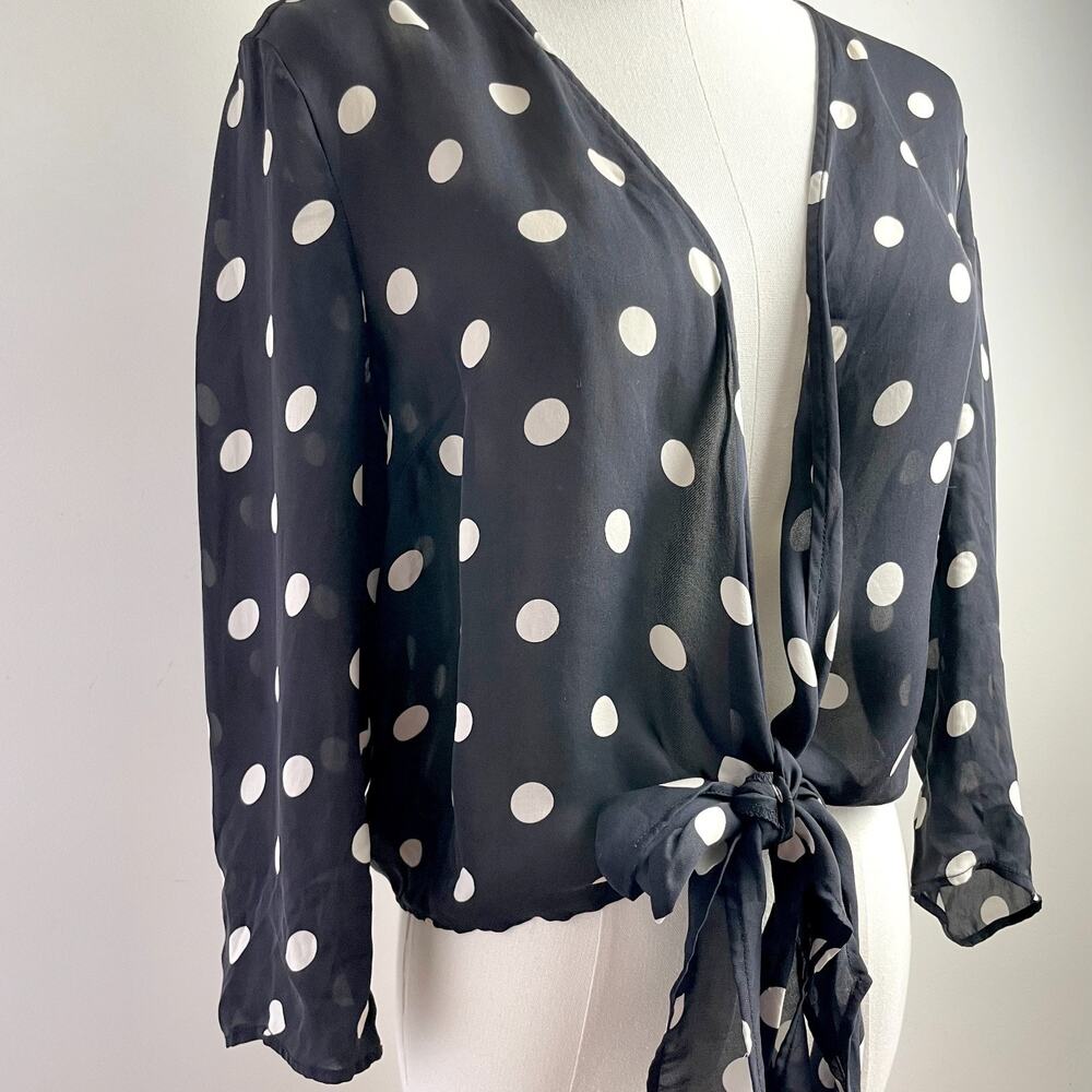 INC Silk Polka Dot Tie Front Blouse Crop Top Sz 8 Timeless Retro Black White - Picture 2 of 5